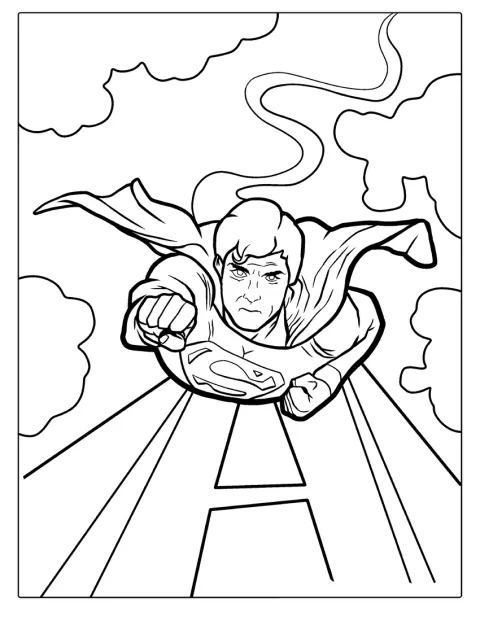 Superman fliegt mit ausgestrecktem Arm durch den Himmel.