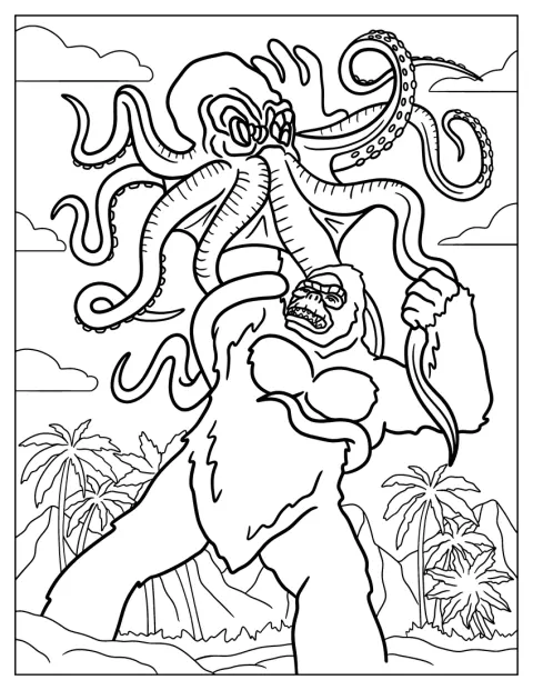 King Kong zmaga się z ogromną kałamarnicą.