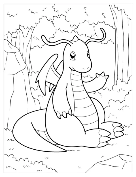 Metsässä seisova Dragonite tervehtii nostamalla kättään.