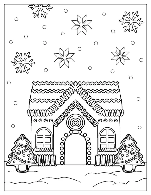 お菓子でできた家が、クリスマスらしい飾りとともに描かれています。