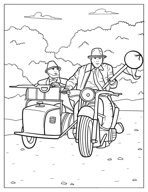 Indiana Jones ajaa moottoripyörällä, jonka sivuvaunussa istuu matkustaja.