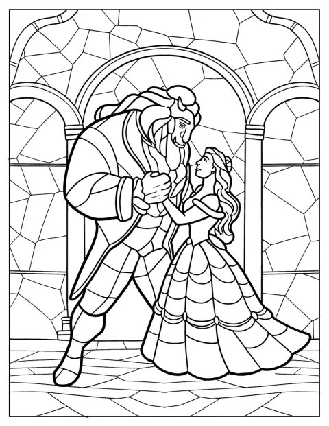 La Bella e la Bestia sono raffigurati in un disegno a vetro colorato.
