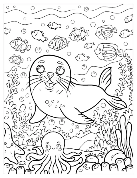 Una cría de foca se ríe bajo el agua.