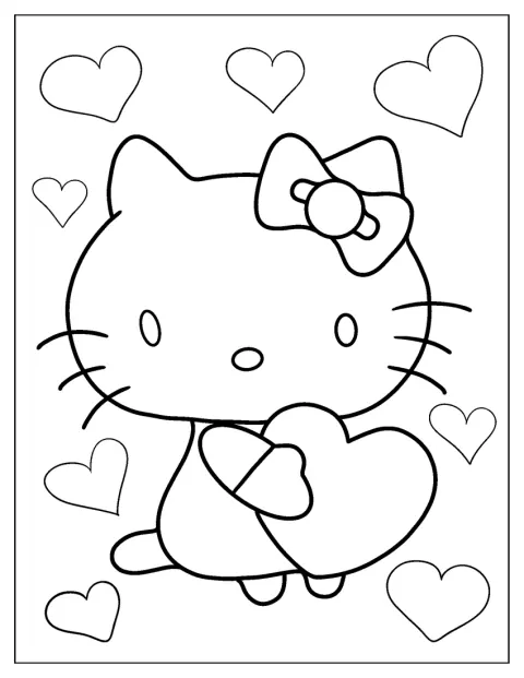 Hello Kitty aparece rodeada de corazones en un dibujo sencillo.
