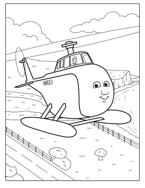 Harold, el helicóptero blanco, vuela sobre la isla de Sodor.