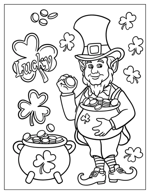Ein Leprechaun hält einen Topf voller Gold in den Händen.