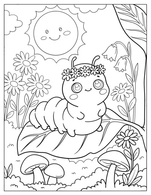 En søt larve med blomsterkrans sitter på et blad.