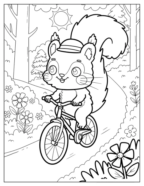Um esquilo simpático pedala pela floresta numa bicicleta.