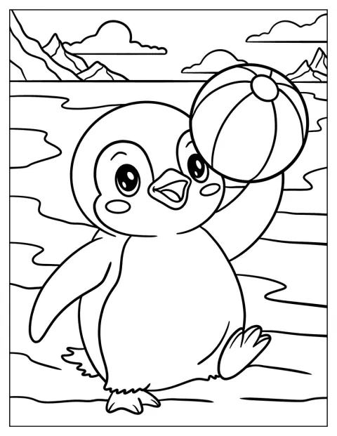 Um pinguim segura uma bola de praia com as barbatanas.