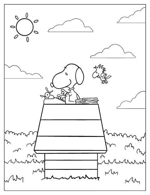Snoopy sitzt an einer Schreibmaschine und tippt darauf.