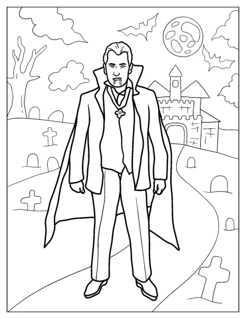 Drácula, com capa e presas, posa como um monstro.