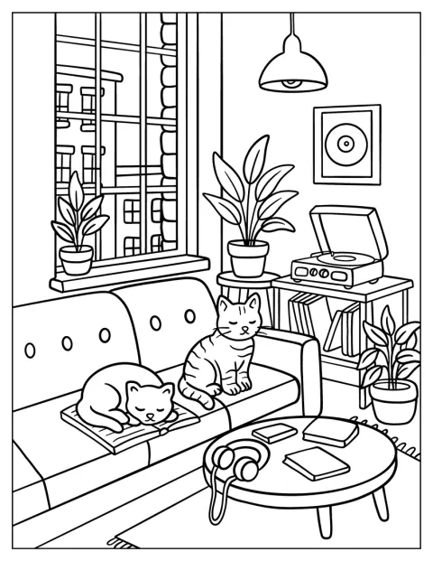 Kočky odpočívají v obývacím pokoji vedle gramofonu a pokojových rostlin.