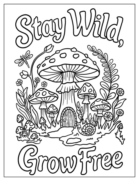 Leśny domek z grzybowym dachem zdobi napis „Stay Wild, Grow Free”.