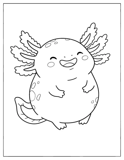 Ein rundlicher Axolotl lacht fröhlich und zeigt seine federartigen Kiemen.