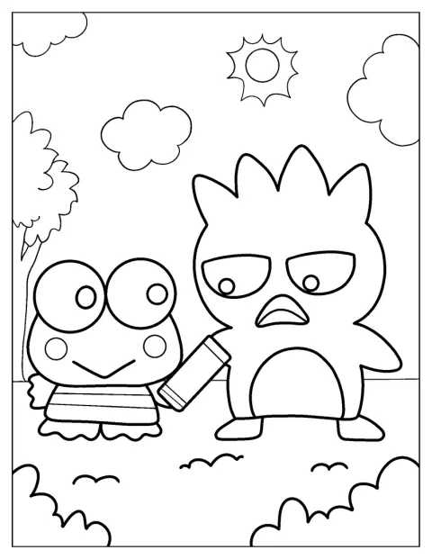 Keroppi podaje Badtz-Maru kawałek czekolady.