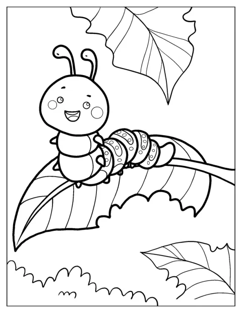 Une chenille de dessin animé avance joyeusement sur le sol.