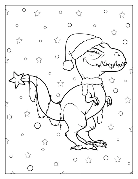Egy T. rex mikulássapkát visel karácsonyi díszek mellett.
