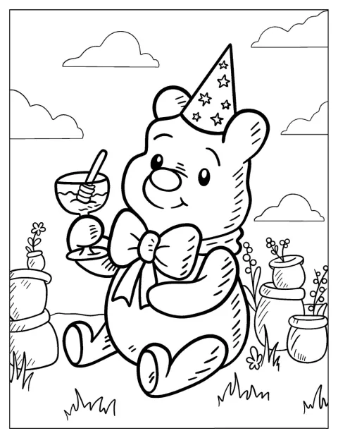 プーさんが壺からはちみつを食べています。