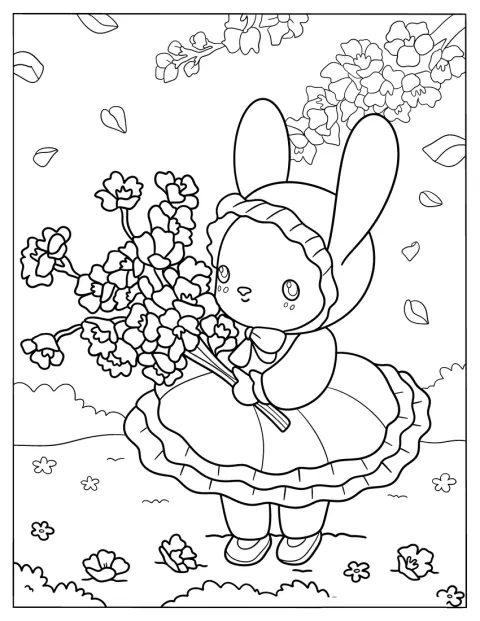 ドレスを着たかわいらしいウサギが、春の花束を抱えています。