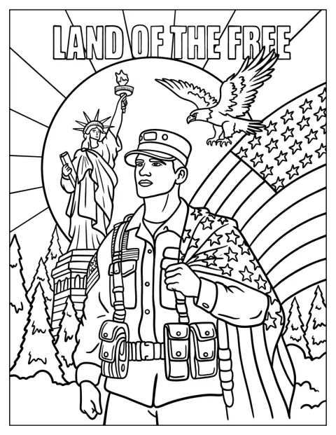 Brave Soldier Coloring Page Holding the American Flag with Eagle and Statue of Liberty in the Sky