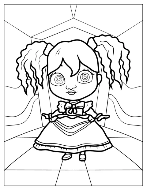 Poppy steht als freundliche Puppe aus dem Spiel Poppy Playtime da.