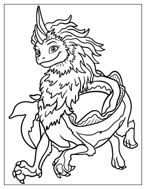 Sisu sorri num desenho detalhado em contorno.