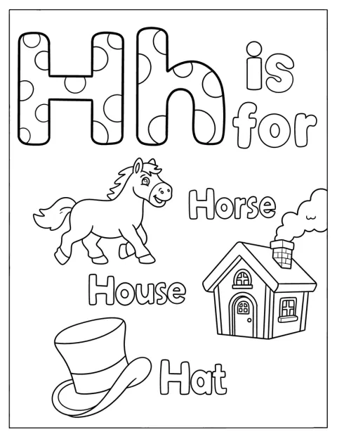 水玉模様のHのまわりに、家と馬、帽子が描かれています。