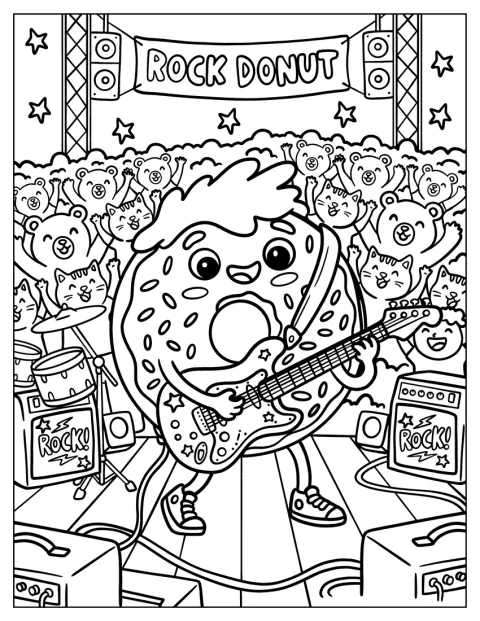 Una ciambella rockstar suona la chitarra elettrica sul palco.