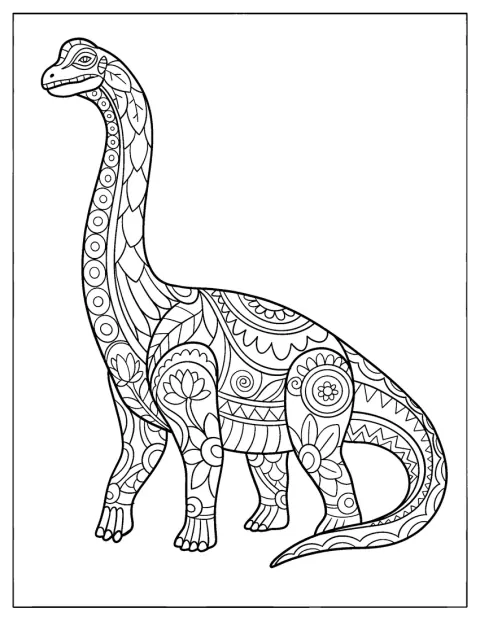Un brachiosaure est orné de motifs floraux complexes.