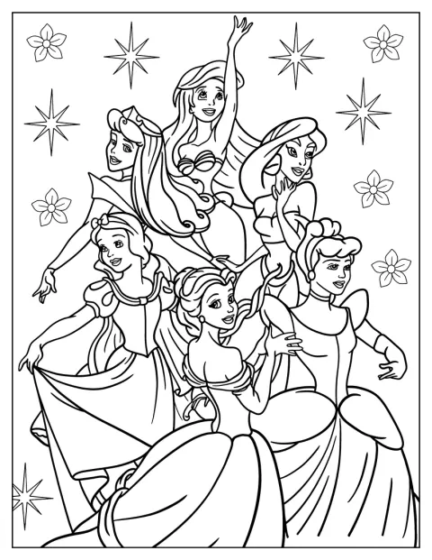 Varias princesas Disney aparecen juntas en una escena de cuento.