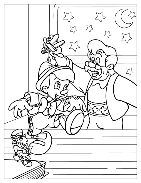 Geppetto, Pinocchio și Jiminy Cricket dansează împreună.