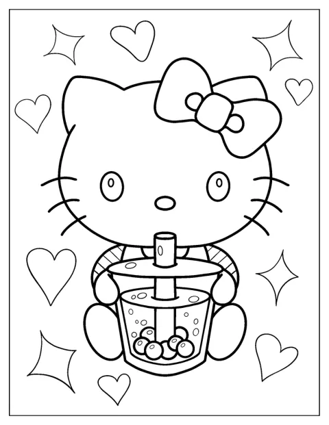 Hello Kitty tiene un bicchiere di tè boba con cannuccia.