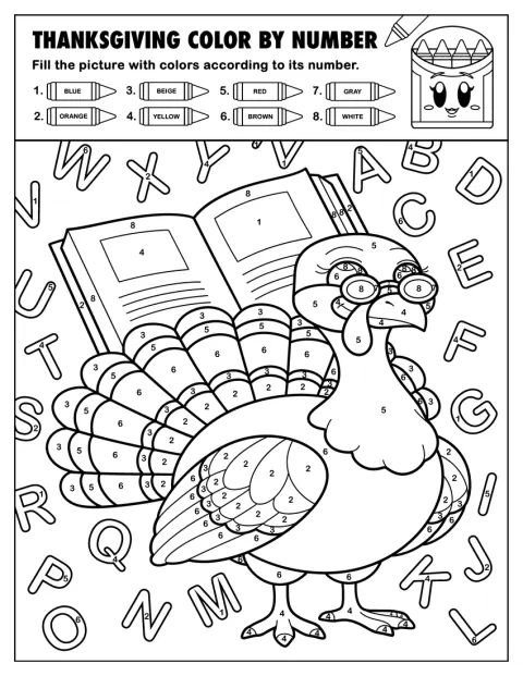 Un pavo con gafas lee un libro rodeado de letras.