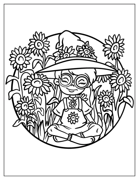 Una chica con gafas y sombrero de bruja posa rodeada de girasoles.