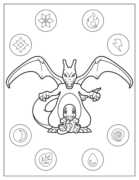 Charizard står bakom Charmander.