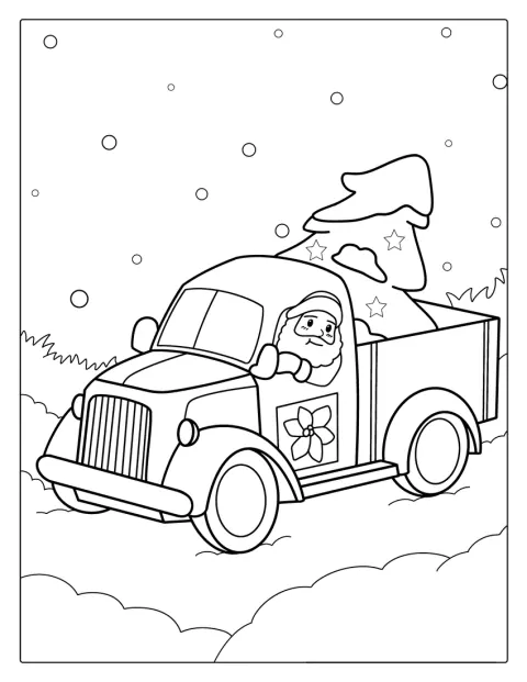Le Père Noël transporte un sapin dans la neige.