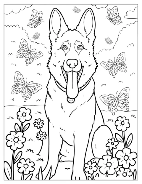 Owczarek niemiecki w obroży siedzi w parku, a wokół niego fruwają motyle.