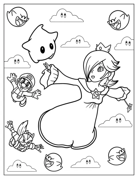 Estela vuela por el cielo con Destello, Mario y Fox McCloud.