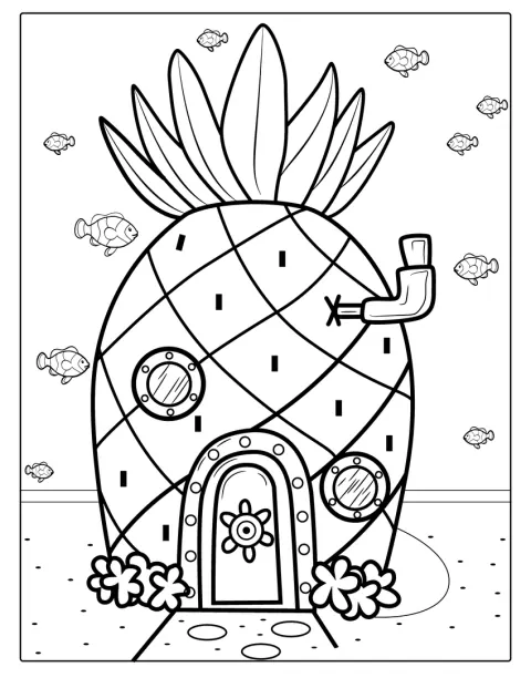 SpongeBobův ananasový dům stojí na mořském dně.