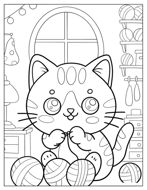 Een gestreepte kat speelt met bolletjes wol.