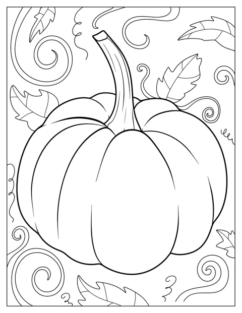 Et stort græskar ligger med blade omkring sig.