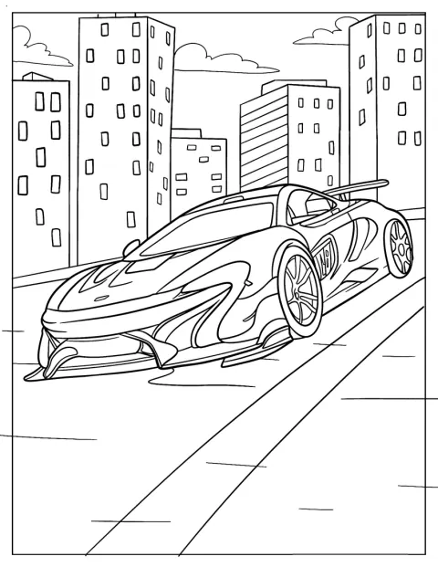 McLaren P1 jedzie ulicą wśród miejskiej zabudowy.