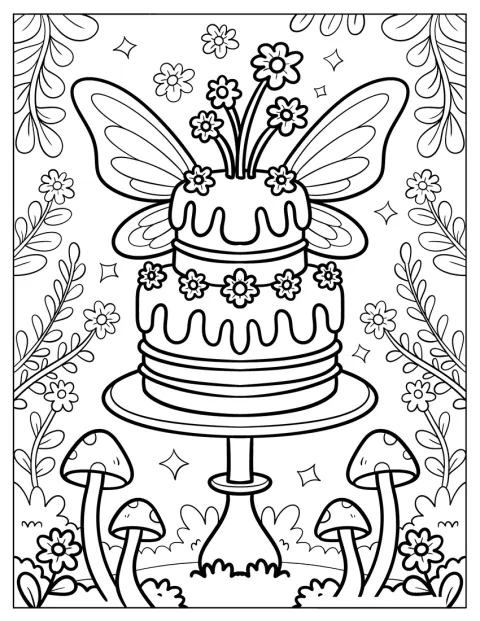 Un pastel fantástico está decorado con flores y alas de mariposa.