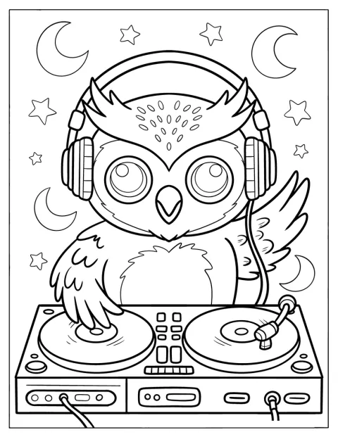 DJ-pöllö soittaa musiikkia levysoittimien ääressä.