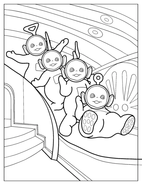 Po, Laa Laa, Tinky Winky og Dipsy suser ned en sklie.