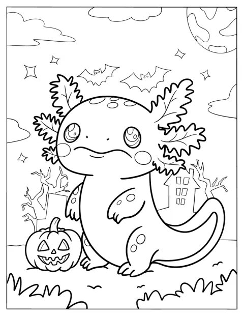 Smutný axolotl stojí před strašidelným domem.
