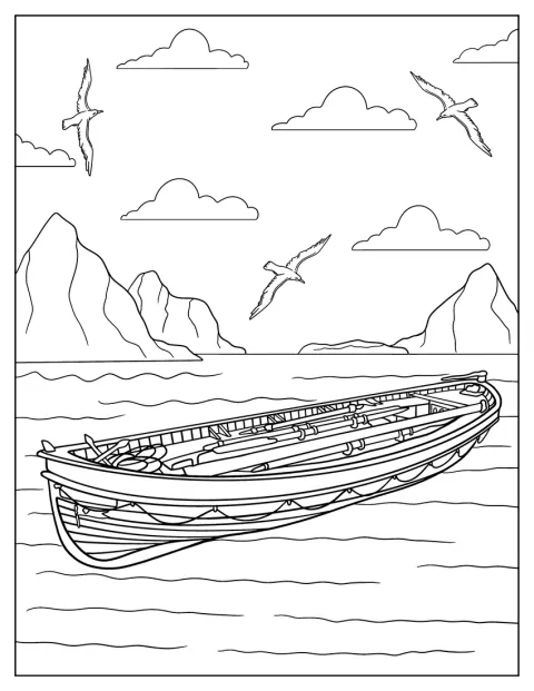 海に浮かぶタイタニック号の救命いかだが描かれています。