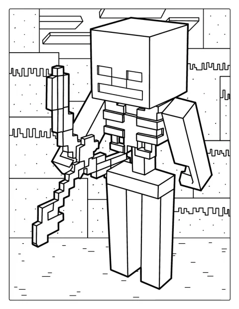 Kostlivec z Minecraftu napíná luk se šípem.