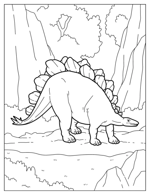Stegosaurus kävelee kivikkoisessa maastossa.
