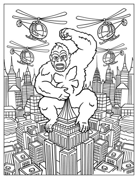 Arg King Kong står på ett torn och slåss mot helikoptrar.